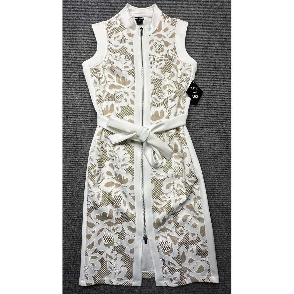 Kate And Lily Dress‎ Womens 4 Ivory Lace Sheath Mock Neck Belted Zip Front Party